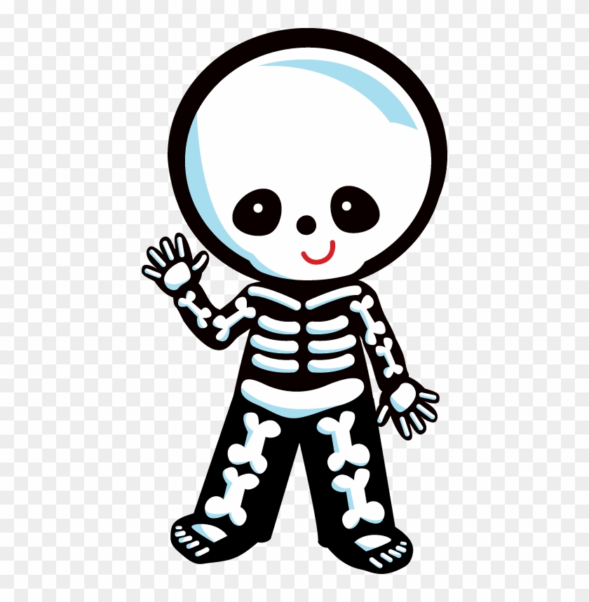 Cute cartoon skeleton character waving, with big eyes and a smiling face, in black-and-white bone design on transparent background.