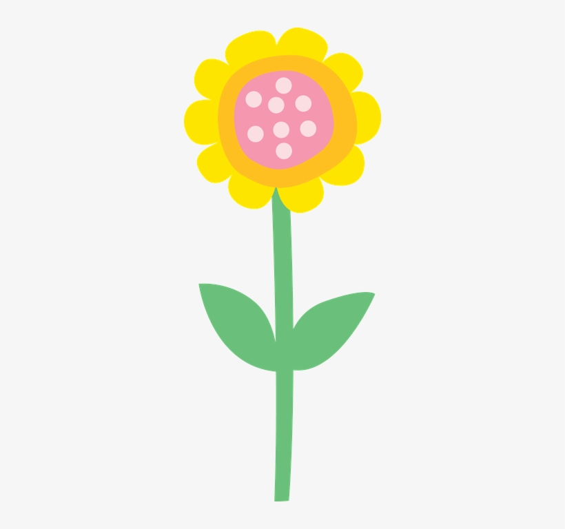 Bright yellow cartoon-style flower with pink center and green stem and leaves on white background.