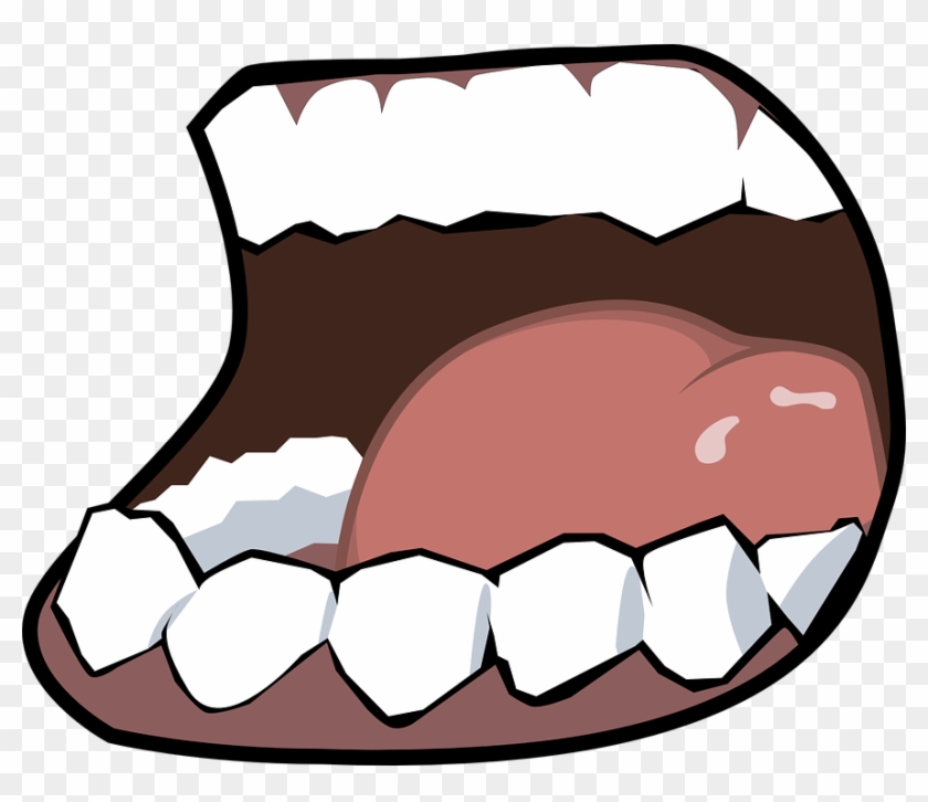 Cartoon illustration of an open mouth with white teeth, pink tongue, and dark interior, showing a wide yawn or shout.