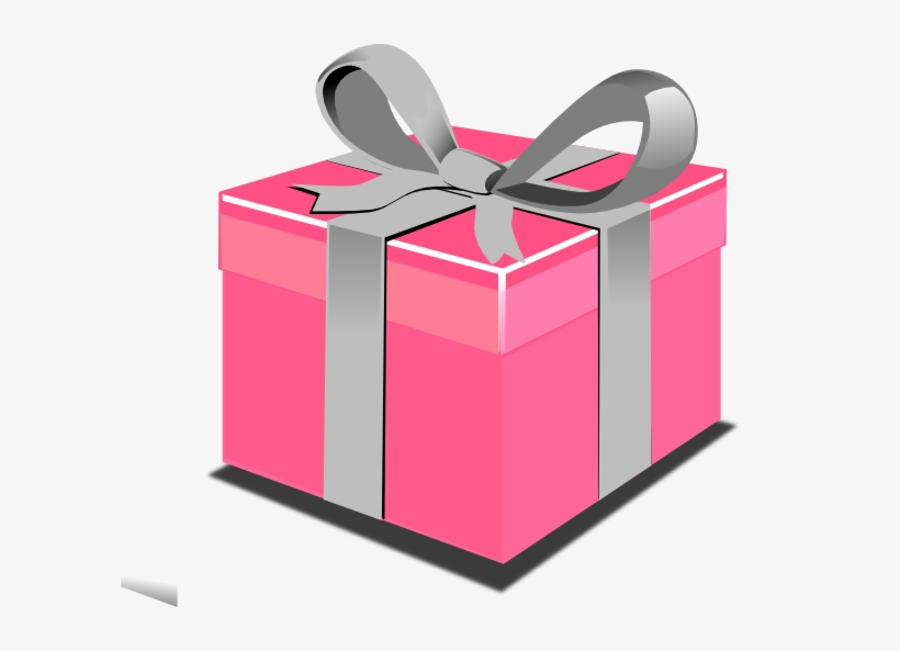 Pink gift box with silver ribbon and bow, presented on white background.