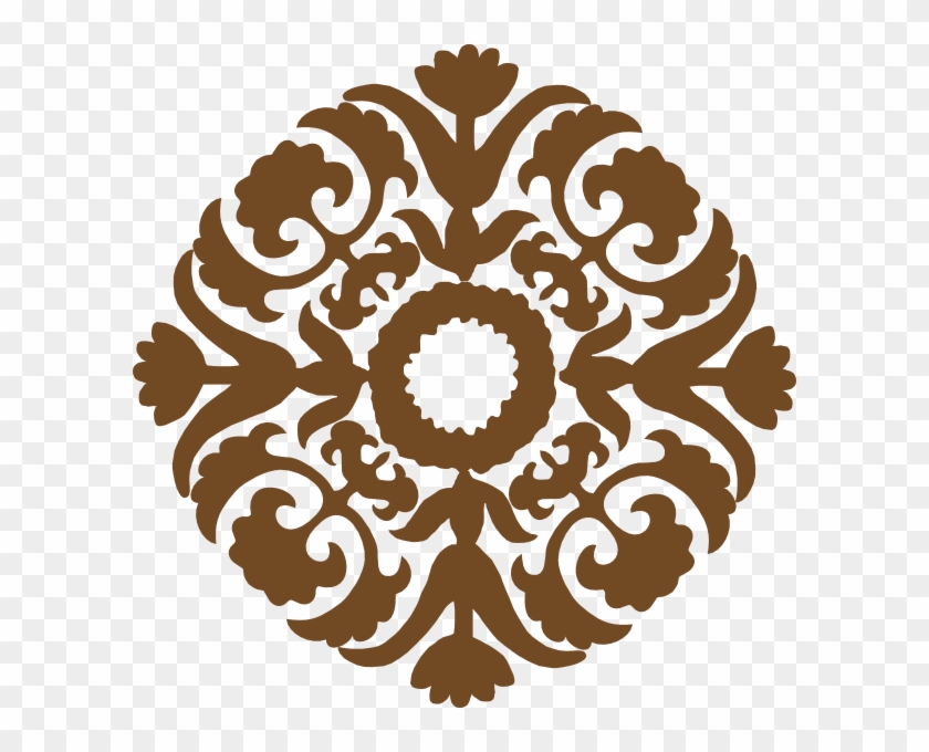 Ornate brown floral mandala pattern with symmetrical scrollwork and central ring motif on transparent background.