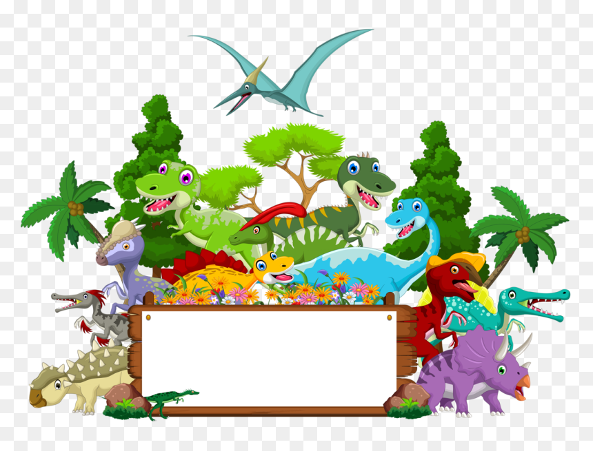Colorful cartoon dinosaurs gathered around a blank wooden sign in a prehistoric jungle setting with palm trees and flowers.