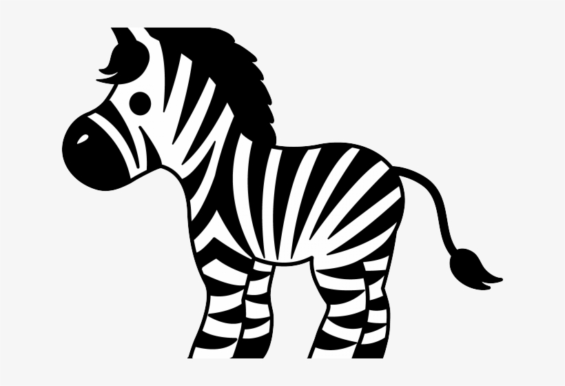 Stylized black-and-white cartoon zebra standing in profile with bold stripes and a playful expression.