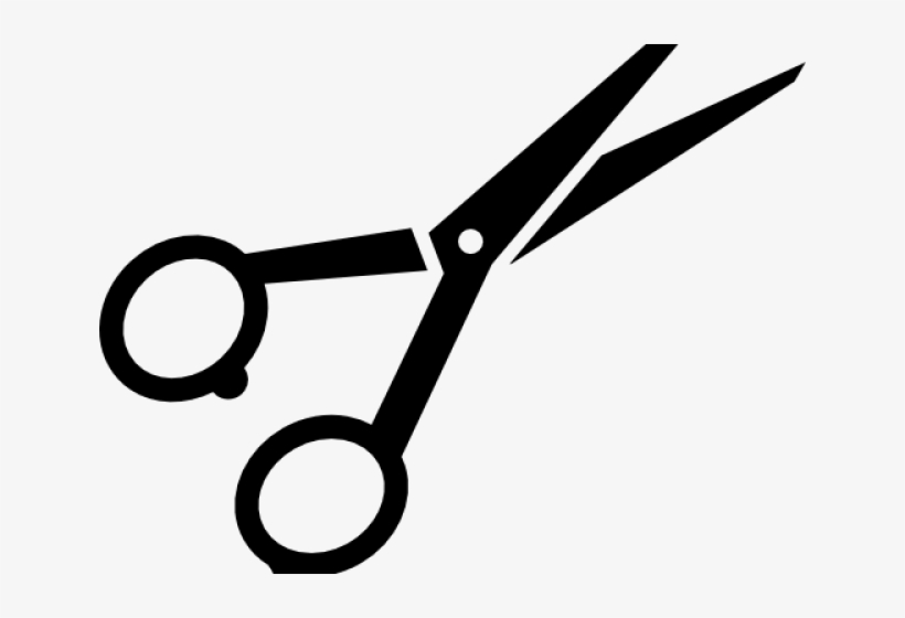 Black silhouette of open scissors on white background, stylized vector icon.