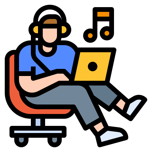 A stylized illustration of a person working on a laptop while seated on a skateboard, with expressive motion elements and vibrant colors.