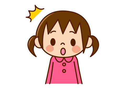 Surprised cartoon girl with pigtails, open mouth, and yellow exclamation mark above head.