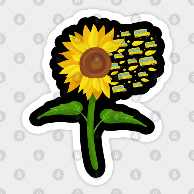 Stylized sunflower with yellow school buses and leaves emerging from its dark center, green stem and leaves.