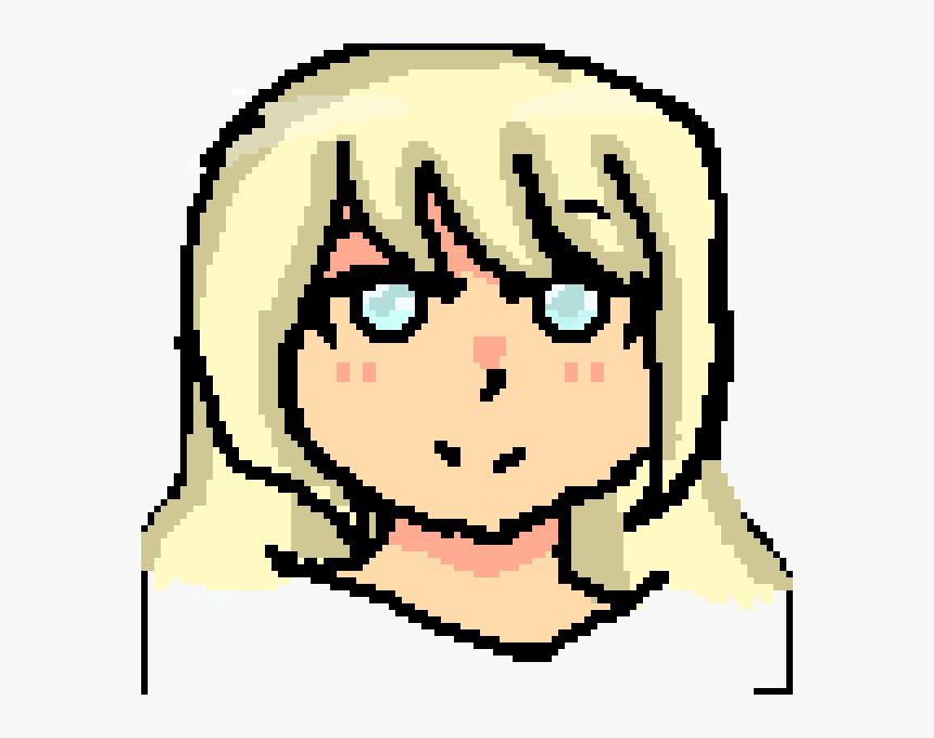 Pixel art portrait of a blonde anime-style girl with blue eyes and blushing cheeks.