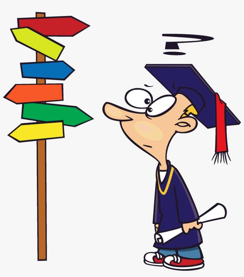 Graduating student confused by multiple colorful directional signs, symbolizing career or life path uncertainty.