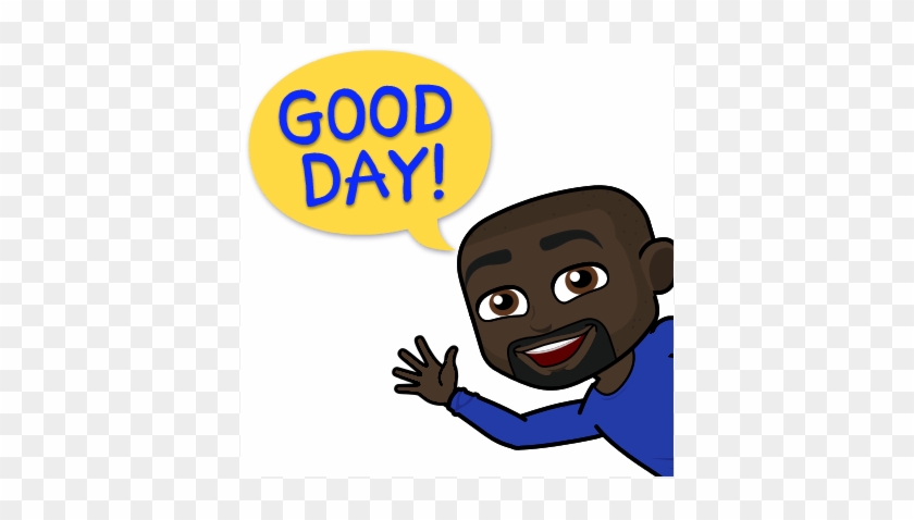 Animated Black man waving with a yellow speech bubble saying "GOOD DAY!"