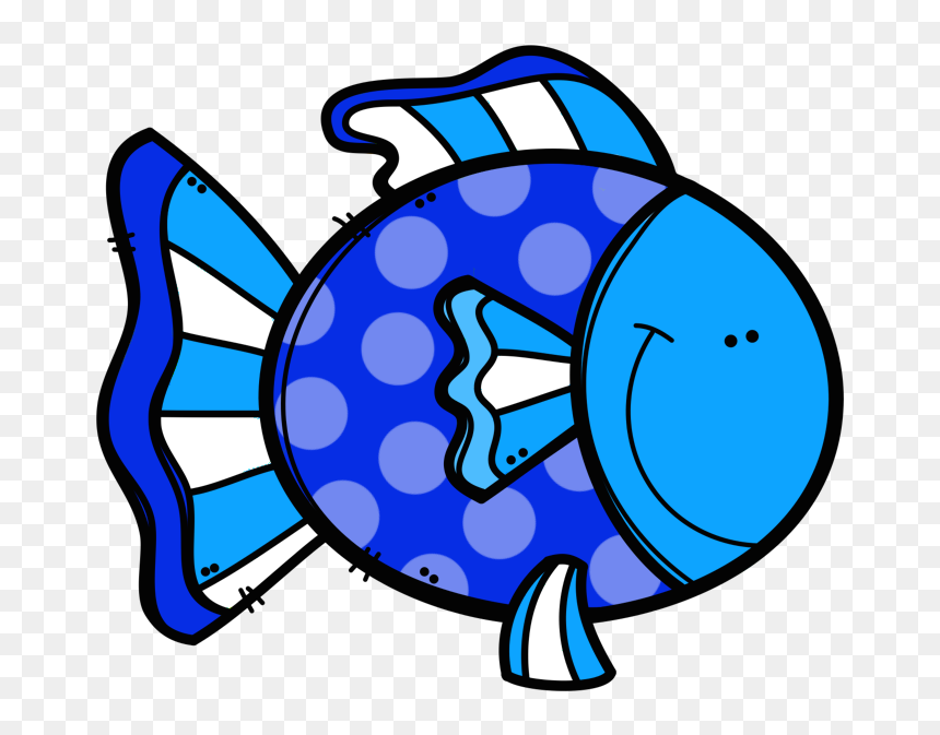 Cheerful blue cartoon fish with polka-dot body, striped fins, and smiling face on transparent background.