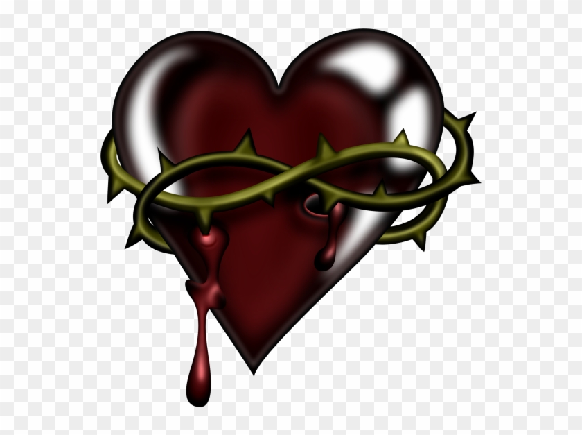 A glossy red heart pierced by thorny vines with blood dripping from the wound.
