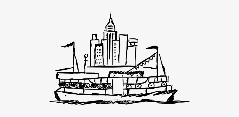 Hand-drawn sketch of a ferry boat carrying a miniature city skyline with skyscrapers and flags.