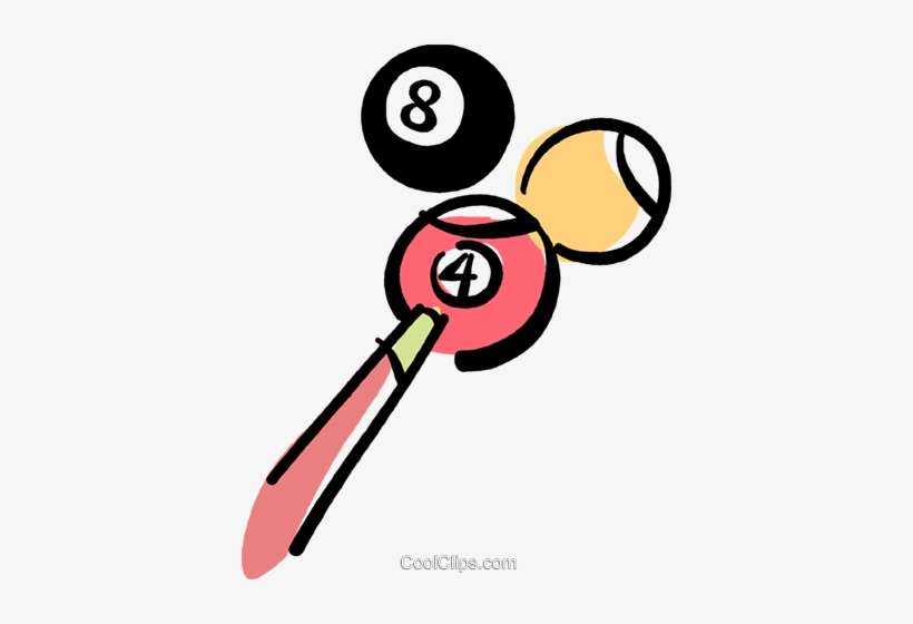 Cartoon-style illustration of a pool cue striking a red 4-ball, with black 8-ball and yellow 1-ball nearby.