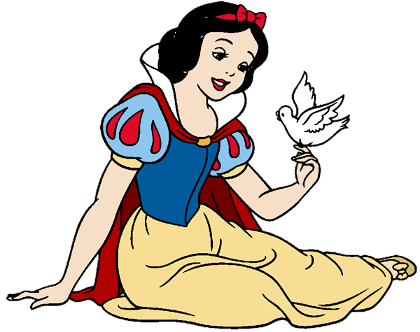 Snow White in her iconic blue and yellow dress, gently holding a white dove on her finger while seated.