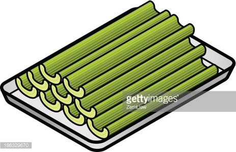 Fresh green celery stalks neatly arranged on a white rectangular tray.