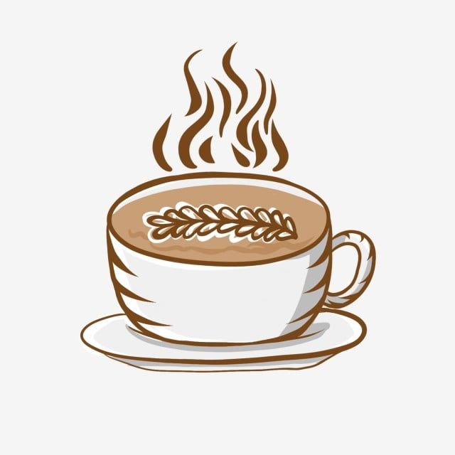 Steaming cup of coffee with latte art leaf design on a saucer, illustrated in warm brown and white tones.