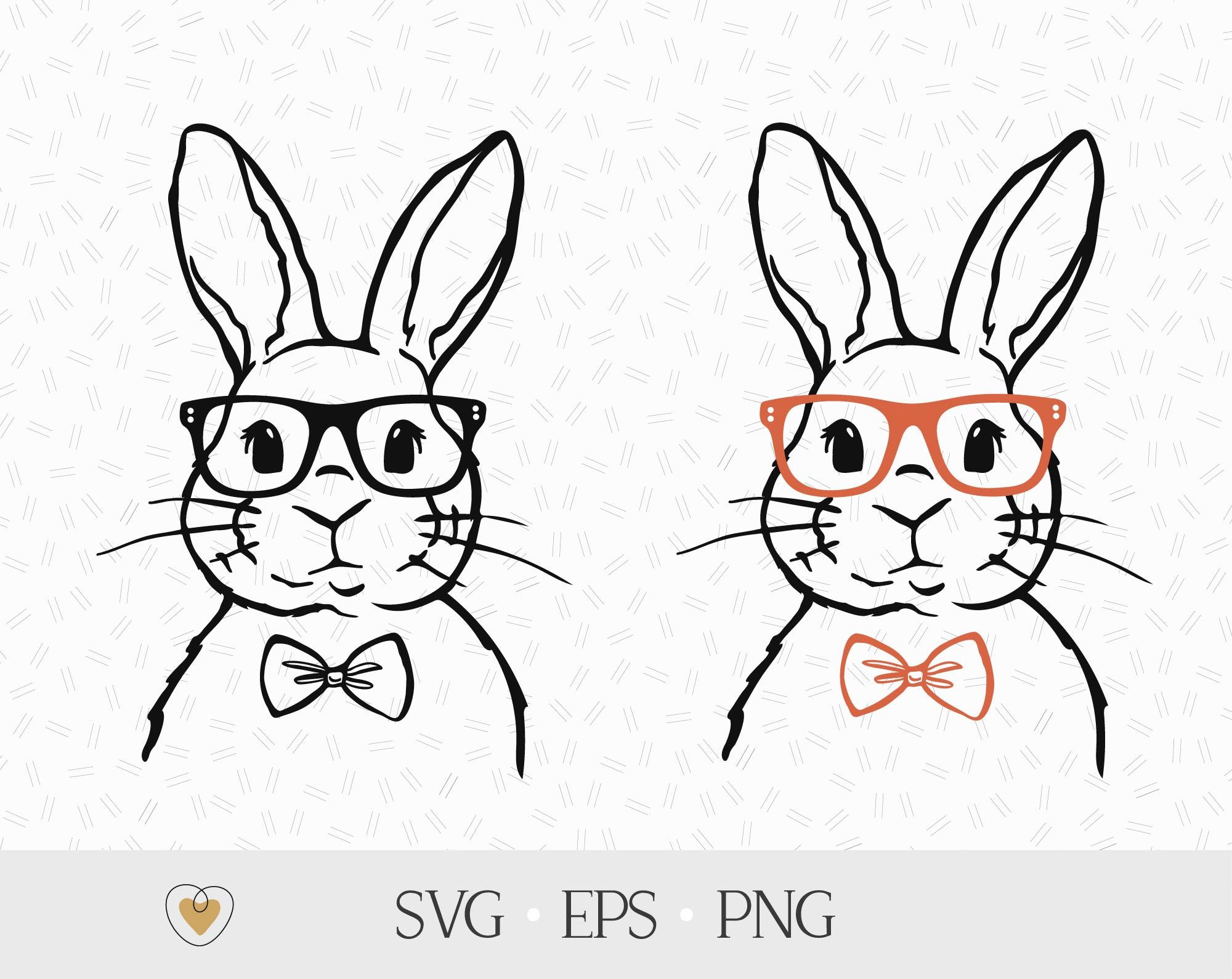 Two stylish cartoon rabbits wearing glasses and bow ties-one black outline, one with orange accents-in SVG, EPS, PNG formats.