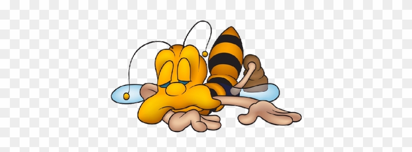 A cartoon bee lying on its back, appearing exhausted or defeated, with a striped abdomen and antennae drooping.