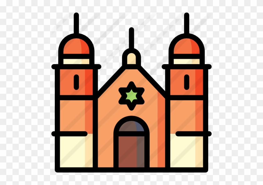 Stylized illustration of a synagogue with twin domed towers and a Star of David above the entrance.