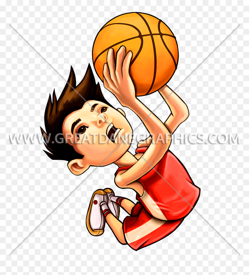 Cartoon boy in red jersey dunking a basketball mid-air with energetic expression.