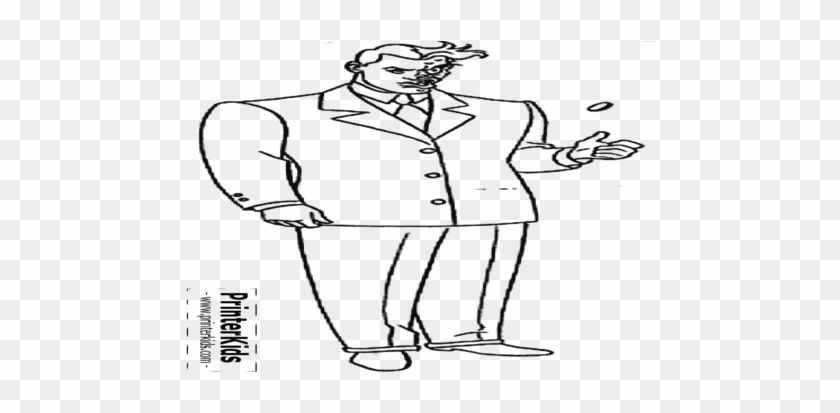 Black-and-white line drawing of a confident businessman in a suit, tossing a coin with wind-swept hair and expressive face.