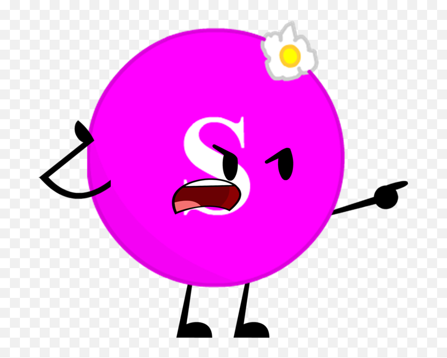 A bright pink circular character with an 'S' on its face, angry expression, pointing finger, and a daisy on its head.