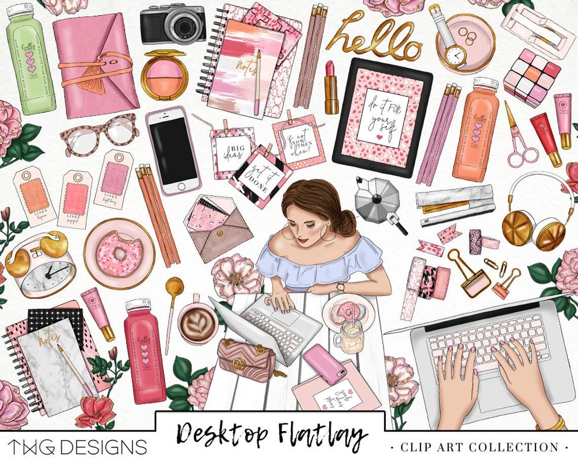 Pink-themed desktop flatlay clip art featuring a woman working on a laptop, surrounded by notebooks, makeup, coffee, and floral decor.