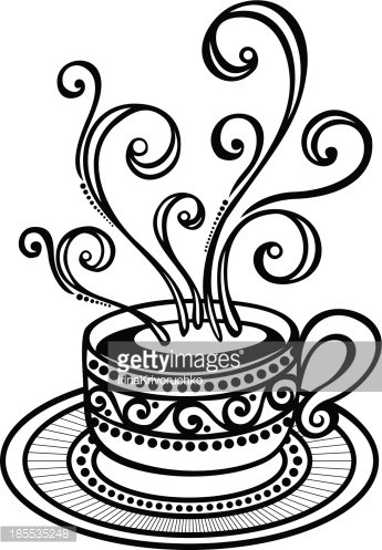 Black-and-white ornate coffee cup with swirling steam and decorative patterns on saucer.