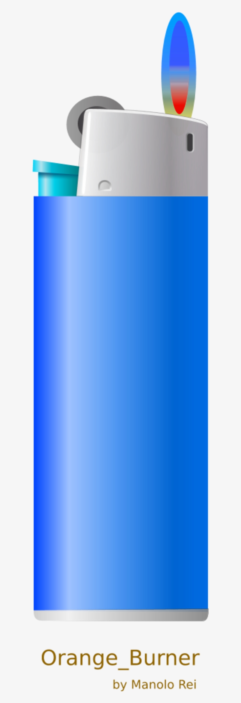 Blue disposable lighter with colorful flame graphic, labeled "Orange_Burner" by Manolo Rei.