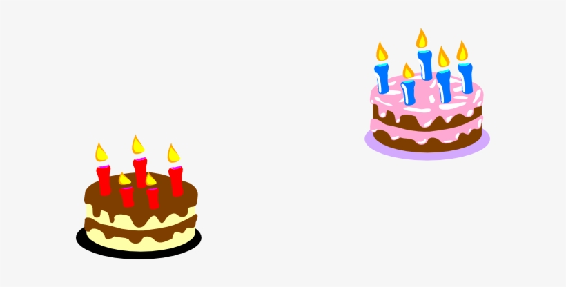 Two cartoon birthday cakes-one with chocolate frosting and red candles, the other with pink frosting and blue candles-each lit for celebration.