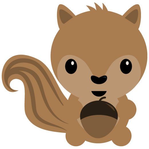 Cute cartoon squirrel holding an acorn with big eyes and a fluffy tail.