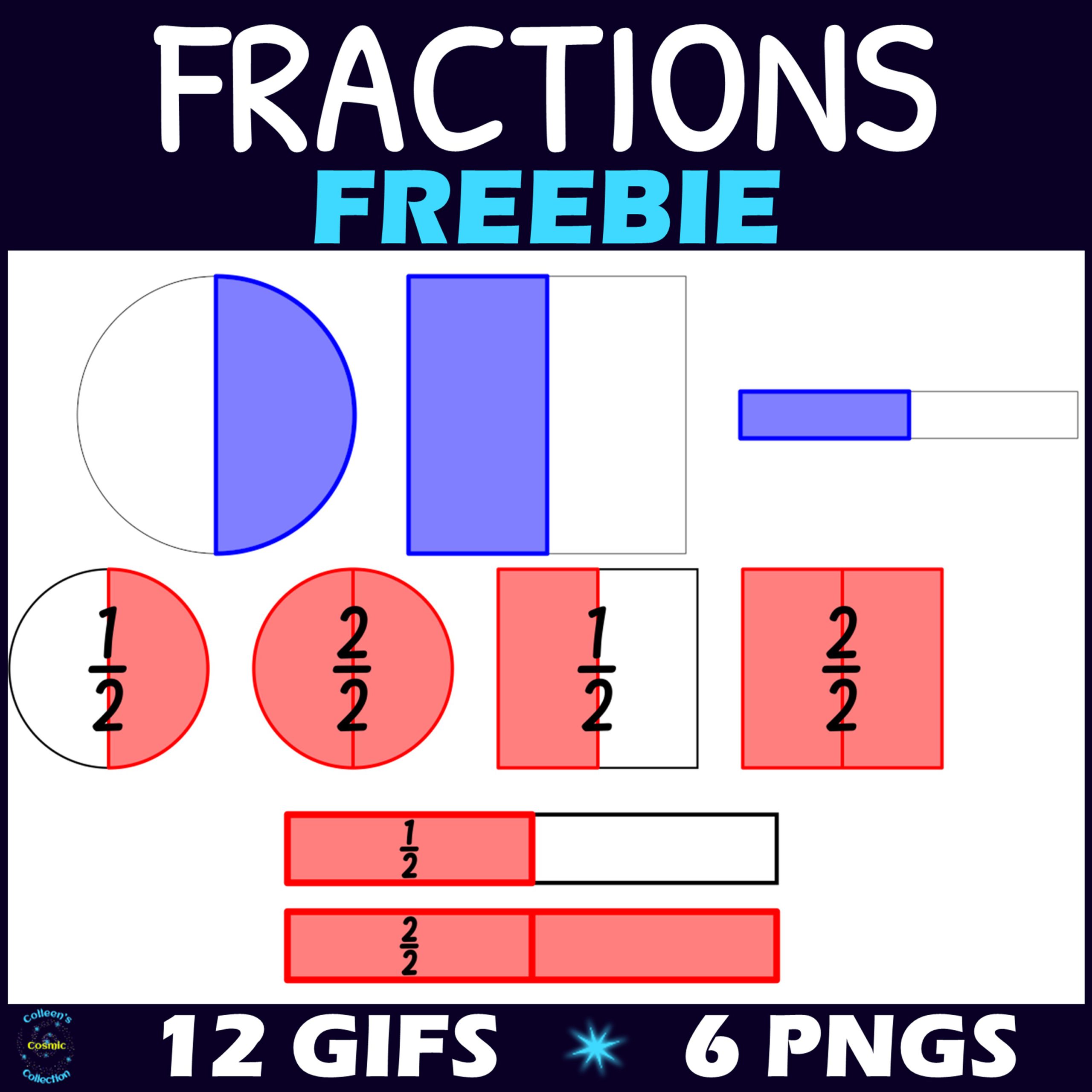 Fraction visual aids showing halves and wholes in circles, rectangles, and bars-blue and red color-coded for 1/2 and 2/2.