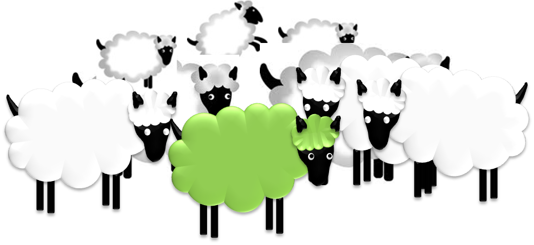 A cartoon flock of white sheep with one distinct green sheep in the center, symbolizing uniqueness or standing out from the crowd.