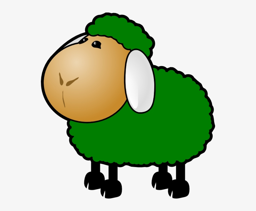 Cartoon sheep with green wool, tan face, white ear, and black legs standing sideways.