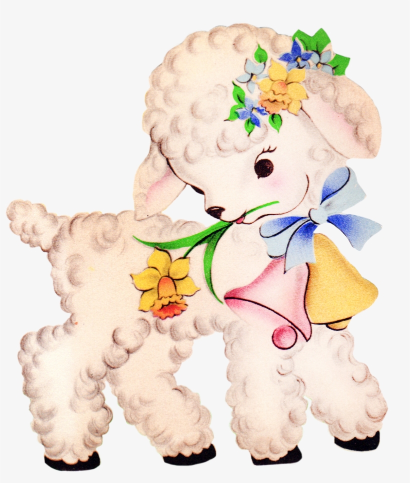 A vintage-style illustrated lamb with curly wool, wearing a floral crown, holding daffodils and bells, adorned with a blue bow.