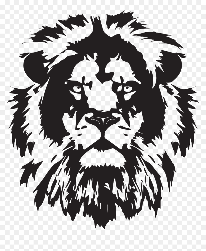 Bold black-and-white stylized lion head with fierce gaze and textured mane on transparent background.