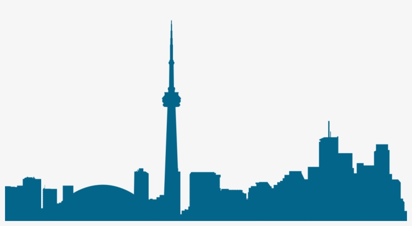 Silhouette of Toronto skyline featuring the CN Tower and modern high-rises in teal against a light background.