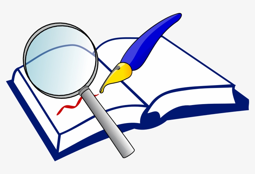 Magnifying glass and blue quill pen resting on an open book with red ink mark, symbolizing research and writing.