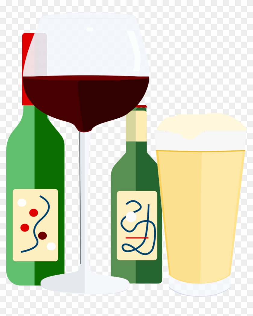 Wine bottle, wine glass with red wine, beer bottle, and pint of beer on transparent background.