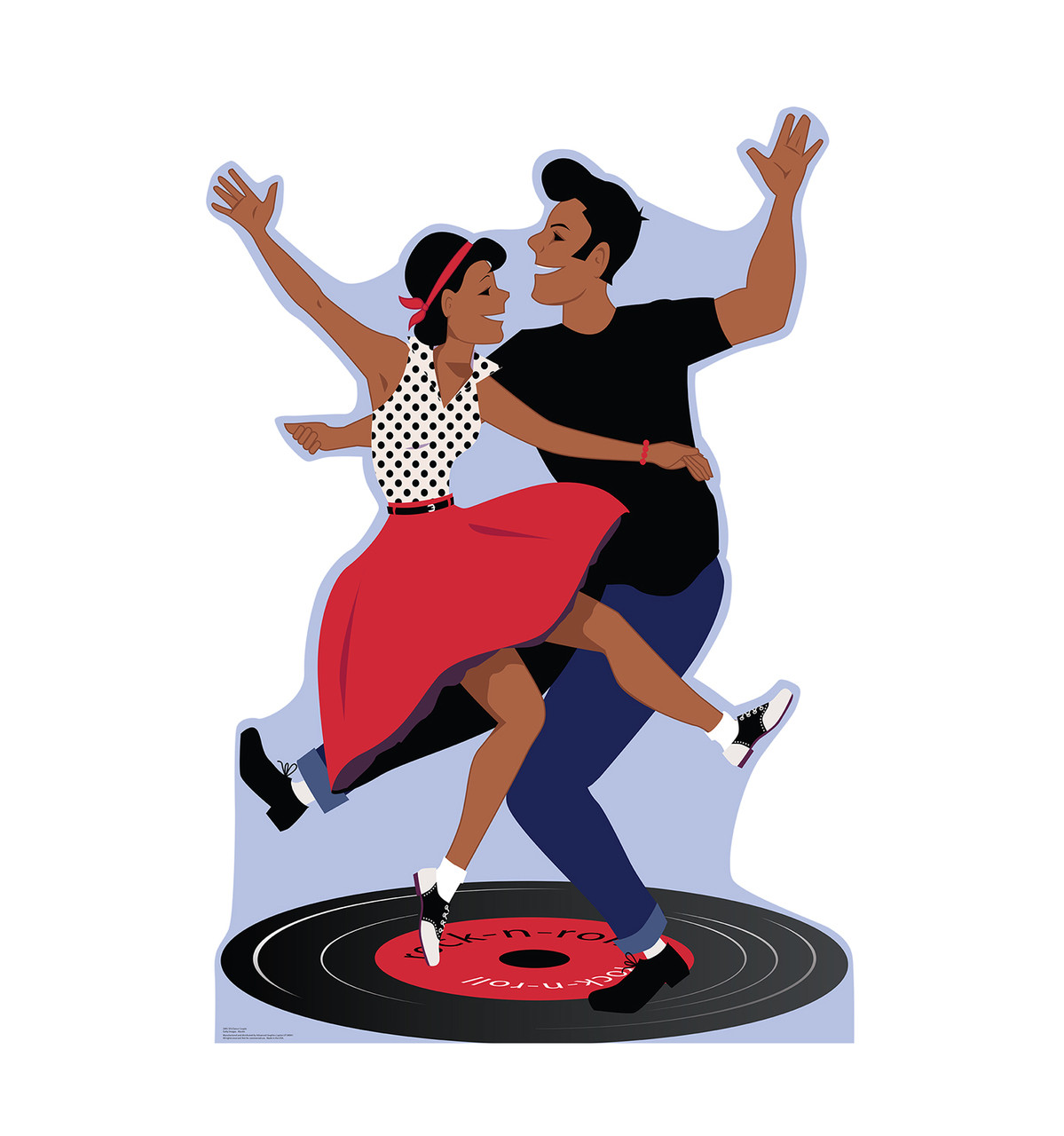 Retro 1950s couple dancing on a vinyl record labeled "rock-n-roll", joyful and energetic pose.
