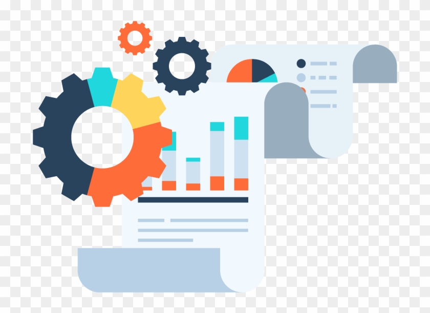 Interlocking gears and data charts on a document, symbolizing business analytics and operational efficiency.