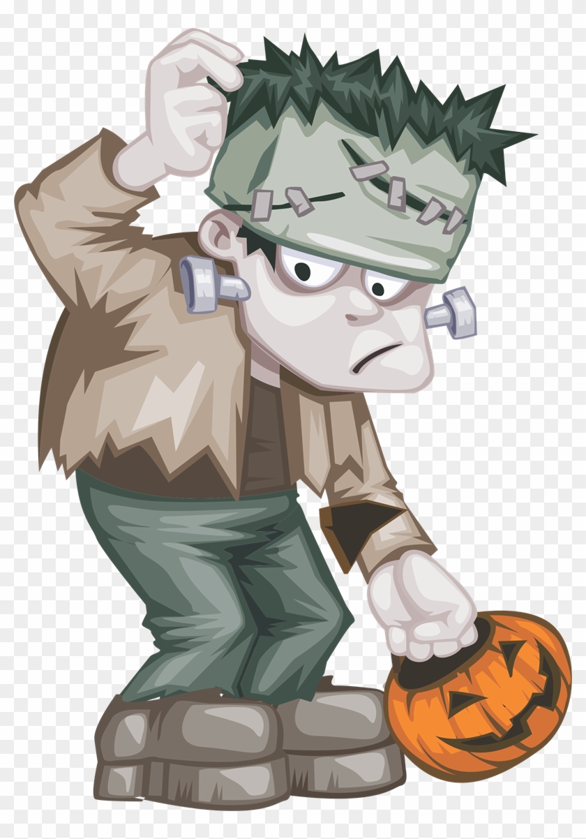 Cartoon Frankenstein monster holding a jack-o'-lantern, wearing torn clothes and bolts on neck, with stitched forehead.