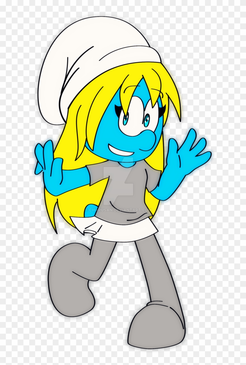 A cheerful female Smurf with long yellow hair, white hat, gray outfit, and blue skin waving happily.