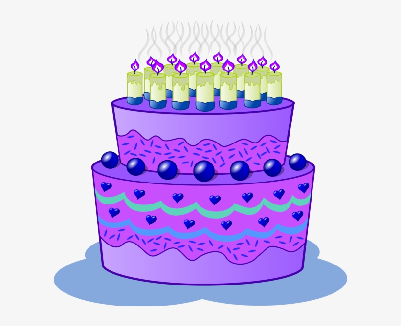 Two-tier purple birthday cake with blueberries, heart decorations, and lit candles emitting smoke.