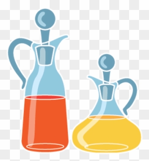 Two glass cruet bottles, one with red liquid (vinegar) and one with yellow liquid (oil), on a transparent background.