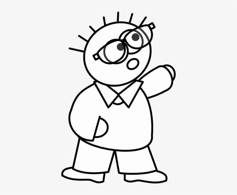Cartoon character with spiky hair, oversized glasses, and surprised expression pointing upward.