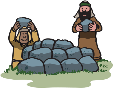 Two ancient builders stacking large stones to construct a circular stone structure, possibly a megalithic monument or altar.