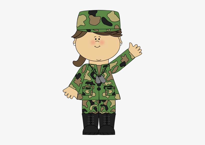 Cartoon girl in camouflage military uniform waving, wearing cap, dog tags, and boots.
