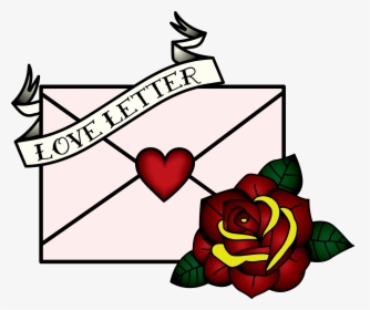 Vintage-style love letter envelope with red heart, ribbon banner reading "LOVE LETTER", and a red rose with green leaves.